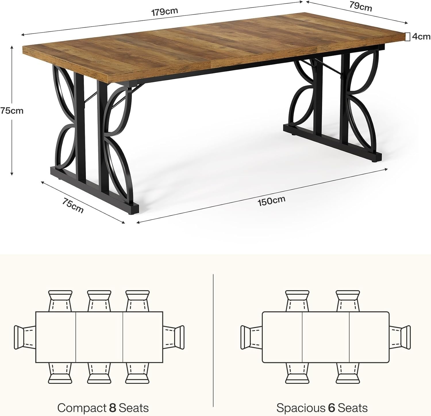 71“ Industrial Rectangular Dining Table, Kitchen Table with Metal Base in Brown