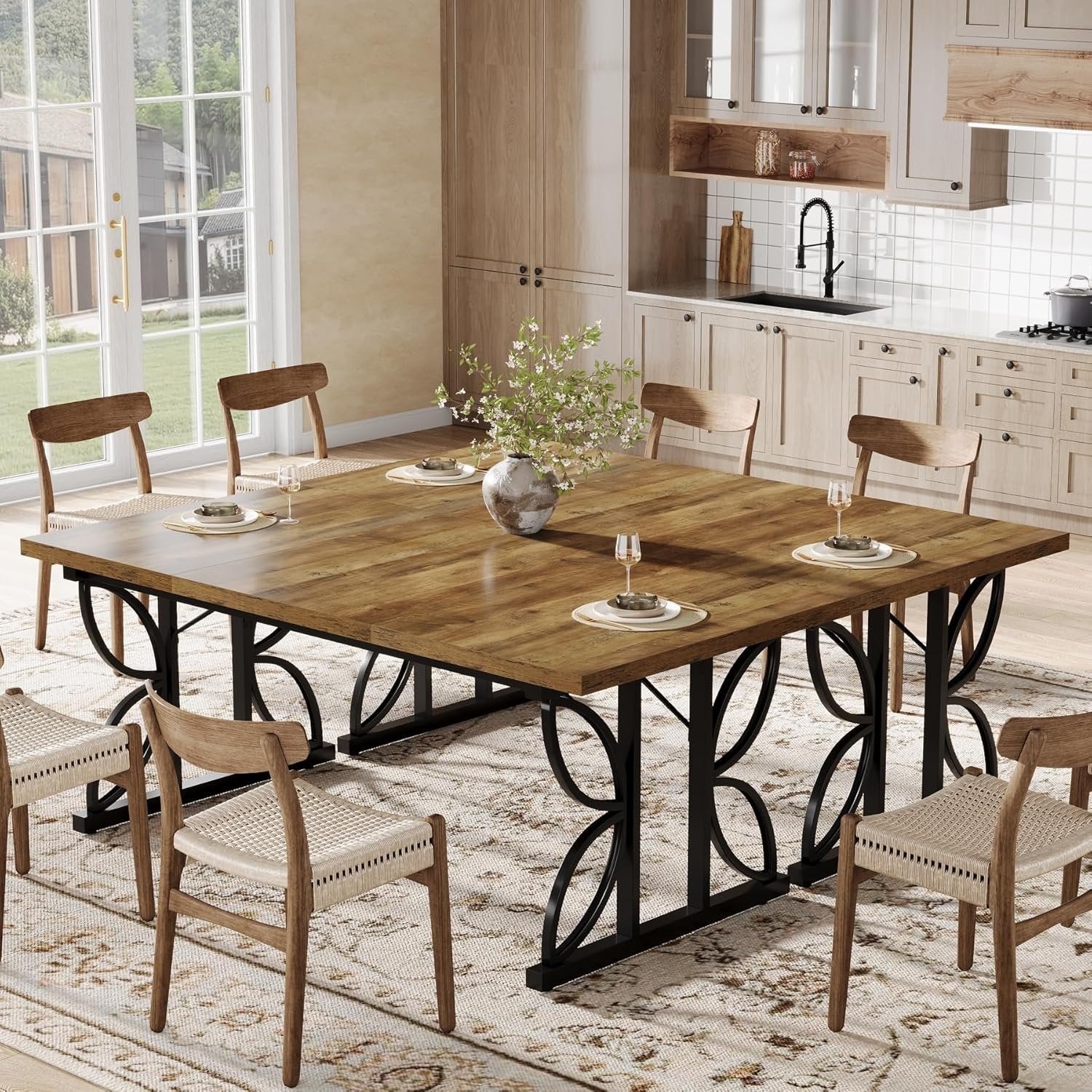 71“ Industrial Rectangular Dining Table, Kitchen Table with Metal Base in Brown