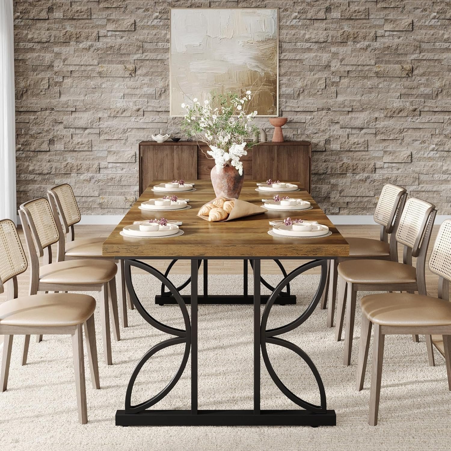 71“ Industrial Rectangular Dining Table, Kitchen Table with Metal Base in Brown