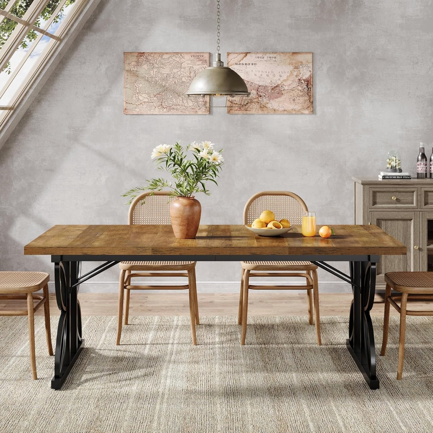 71“ Industrial Rectangular Dining Table, Kitchen Table with Metal Base in Brown