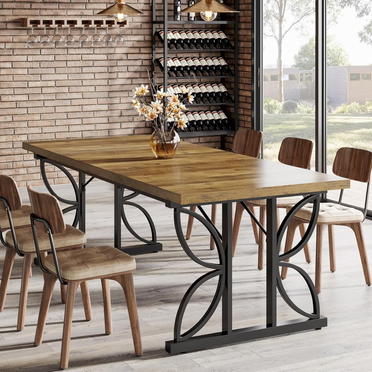 71“ Industrial Rectangular Dining Table, Kitchen Table with Metal Base in Brown