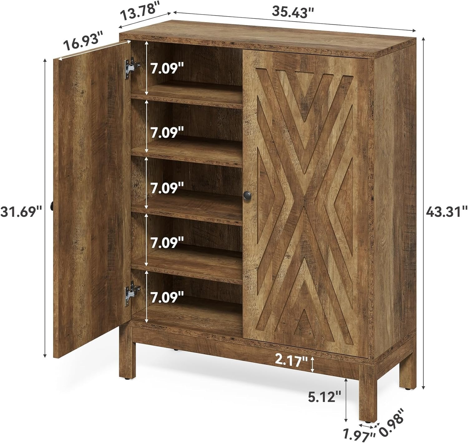5-Tier Shoe Cabinet for Entryway, Brown Wooden Organizer with Adjustable Shelves