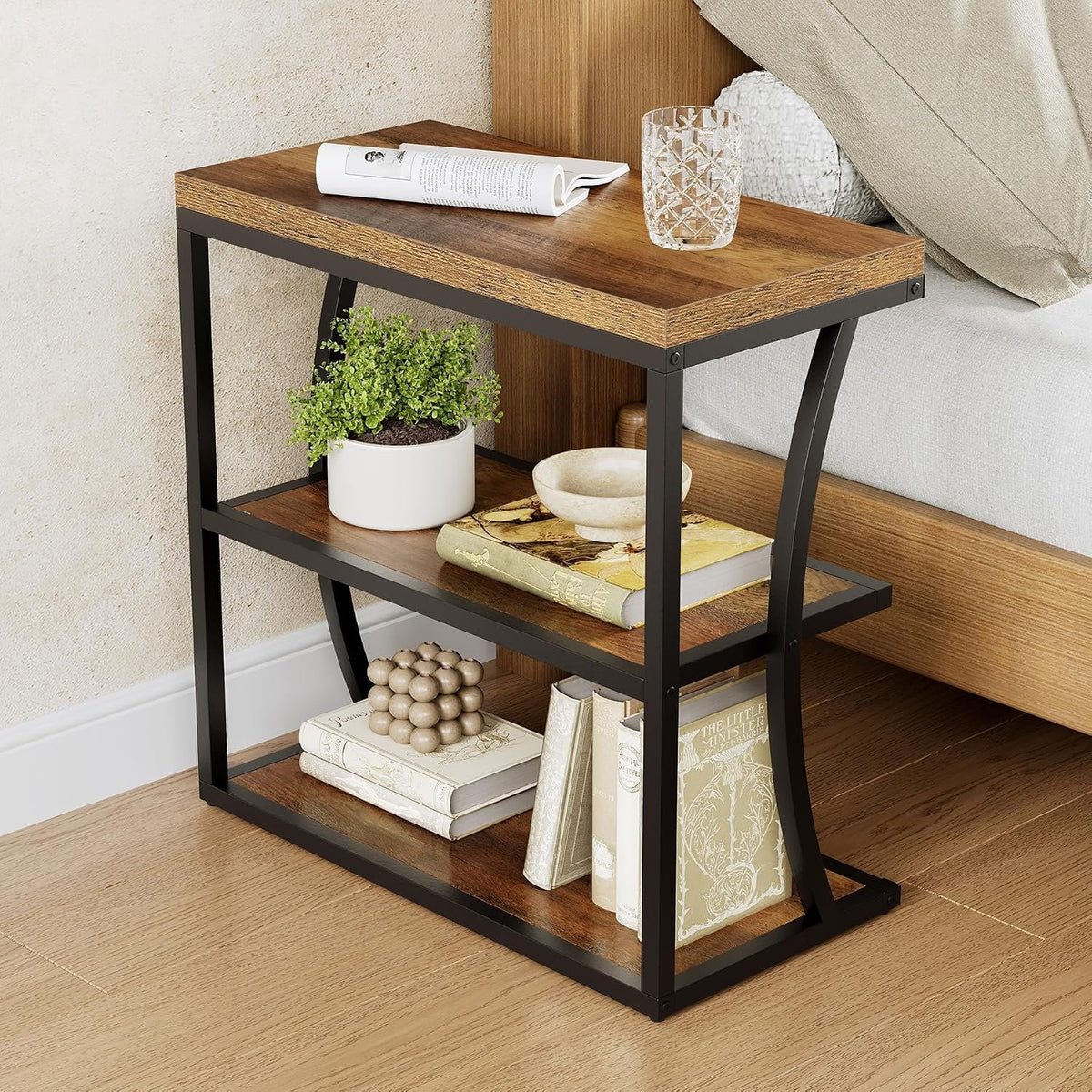 60cm Narrow Side Table, 3-Tier Rustic Metal Frame Shelf for Living Room Small Spaces