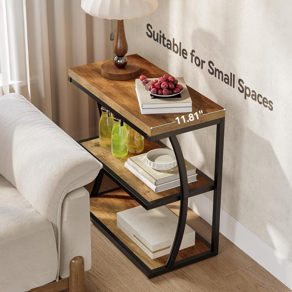 60cm Narrow Side Table, 3-Tier Rustic Metal Frame Shelf for Living Room Small Spaces