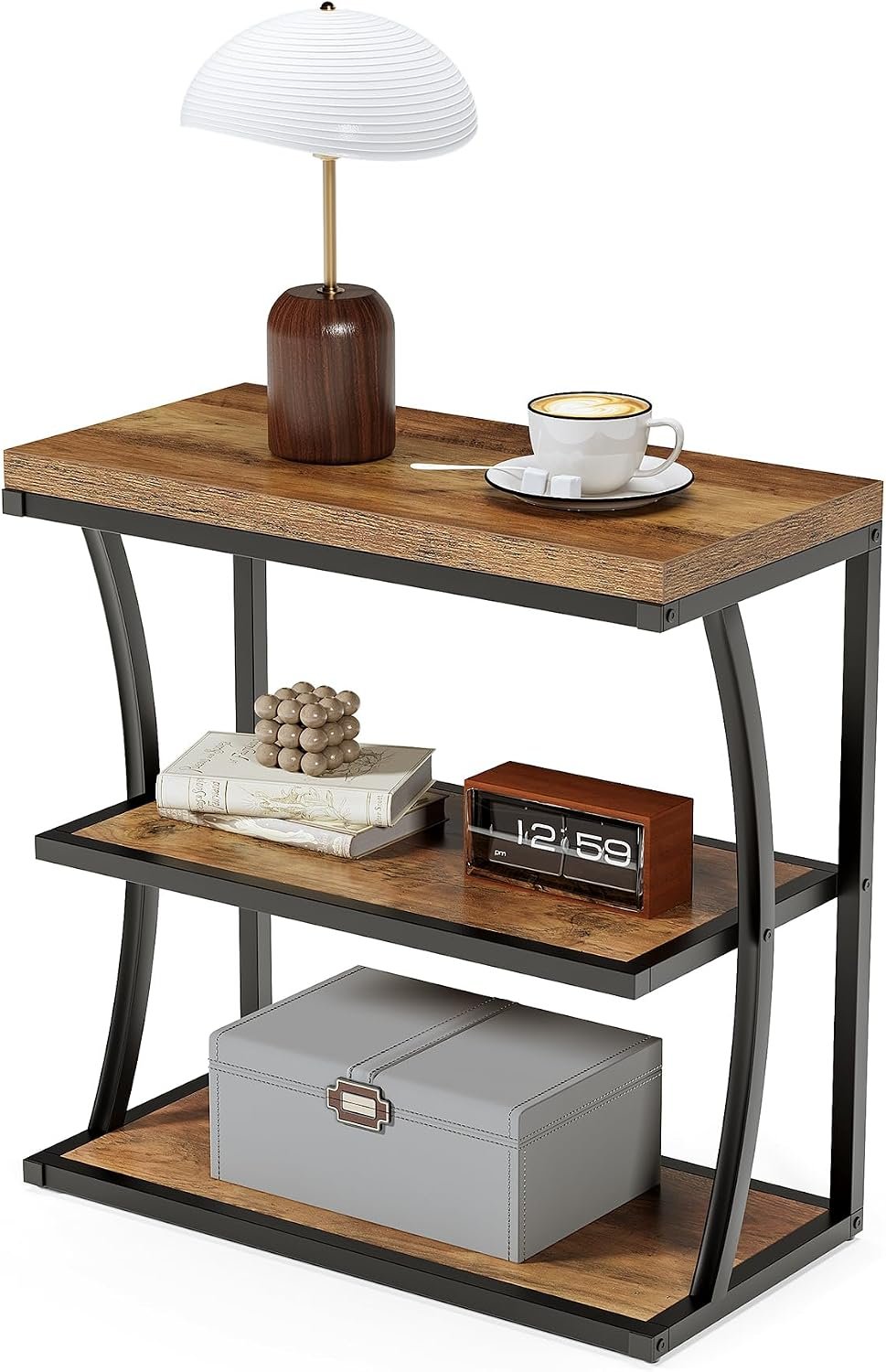 60cm Narrow Side Table, 3-Tier Rustic Metal Frame Shelf for Living Room Small Spaces