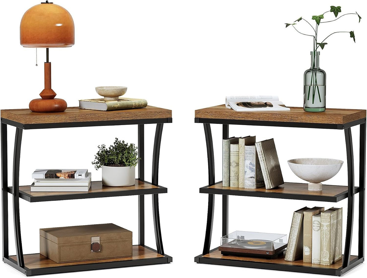 60cm Narrow Side Table, 3-Tier Rustic Metal Frame Shelf for Living Room Small Spaces