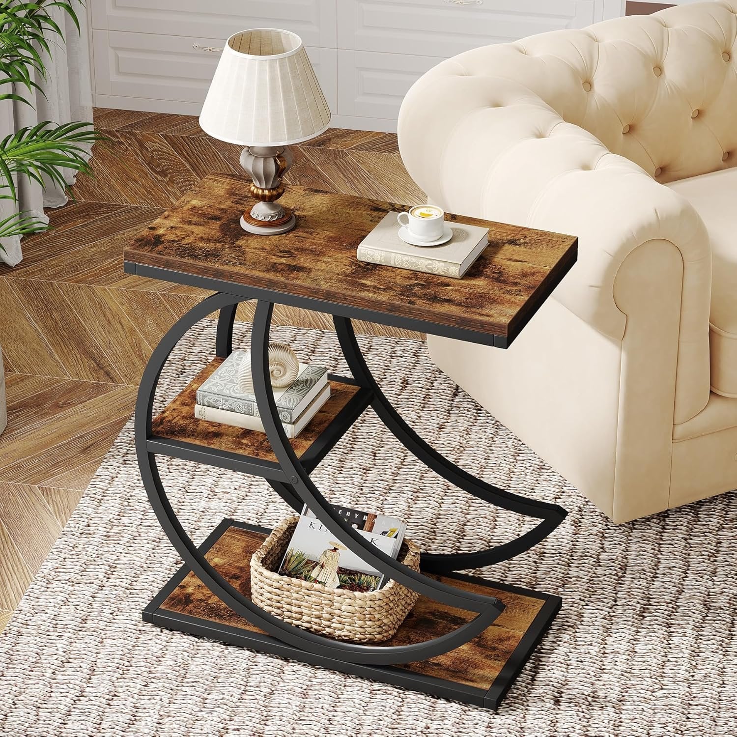 Small Side Table with Storage, Farmhouse Moon Shaped Accent Table