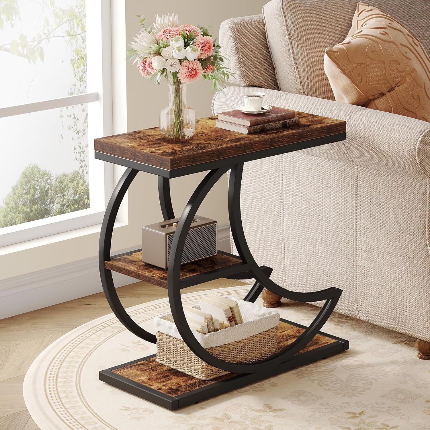 Small Side Table with Storage, Farmhouse Moon Shaped Accent Table
