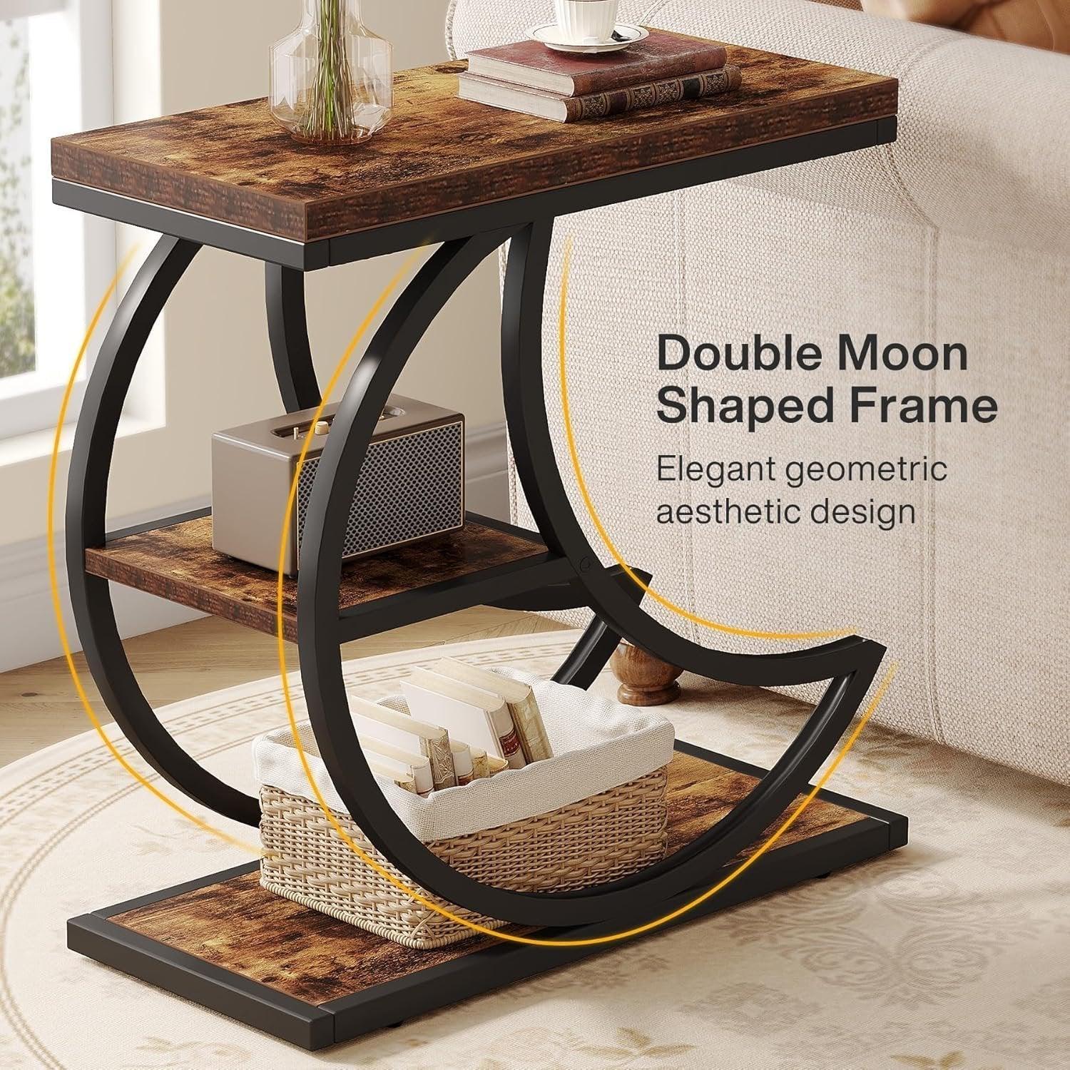 Small Side Table with Storage, Farmhouse Moon Shaped Accent Table