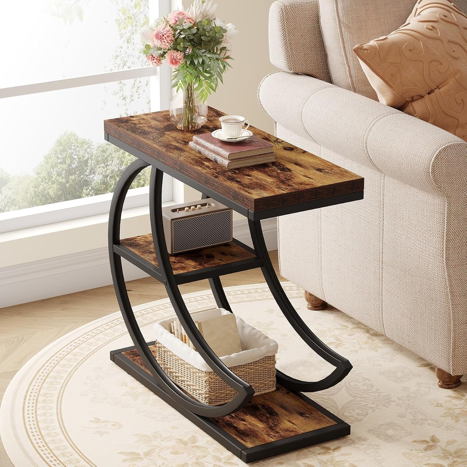Small Side Table with Storage, Farmhouse Moon Shaped Accent Table