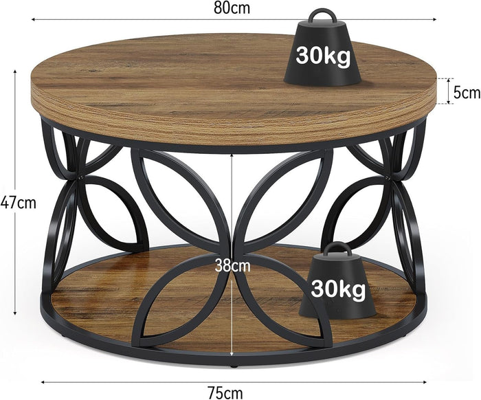 80cm Round Coffee Table, 2-Tier Rustic Storage with Metal Frame