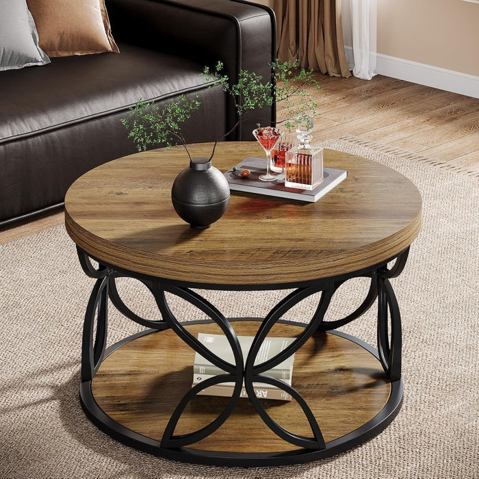 80cm Round Coffee Table, 2-Tier Rustic Storage with Metal Frame