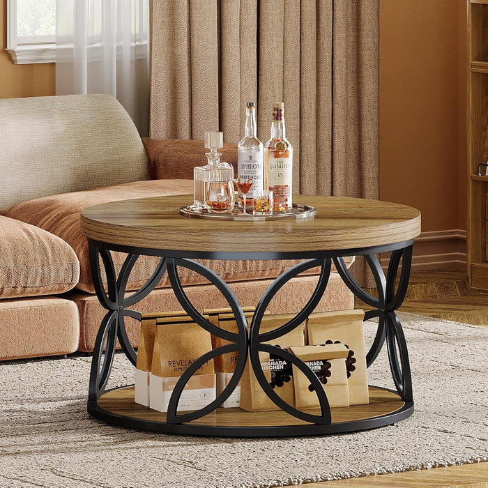 80cm Round Coffee Table, 2-Tier Rustic Storage with Metal Frame