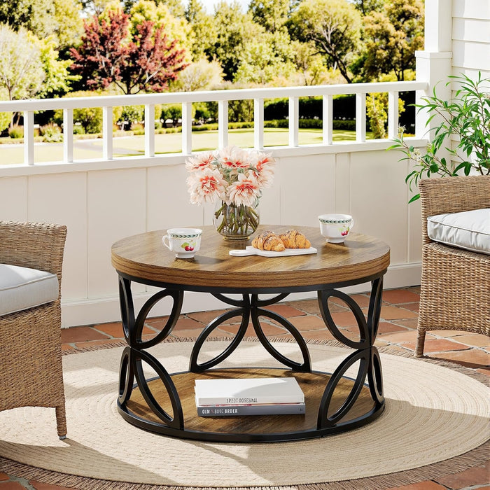 80cm Round Coffee Table, 2-Tier Rustic Storage with Metal Frame