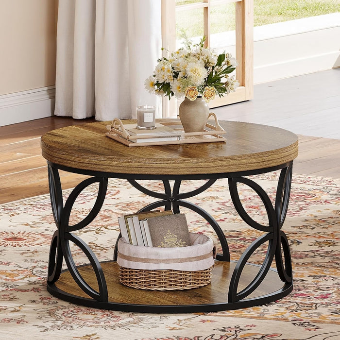 80cm Round Coffee Table, 2-Tier Rustic Storage with Metal Frame