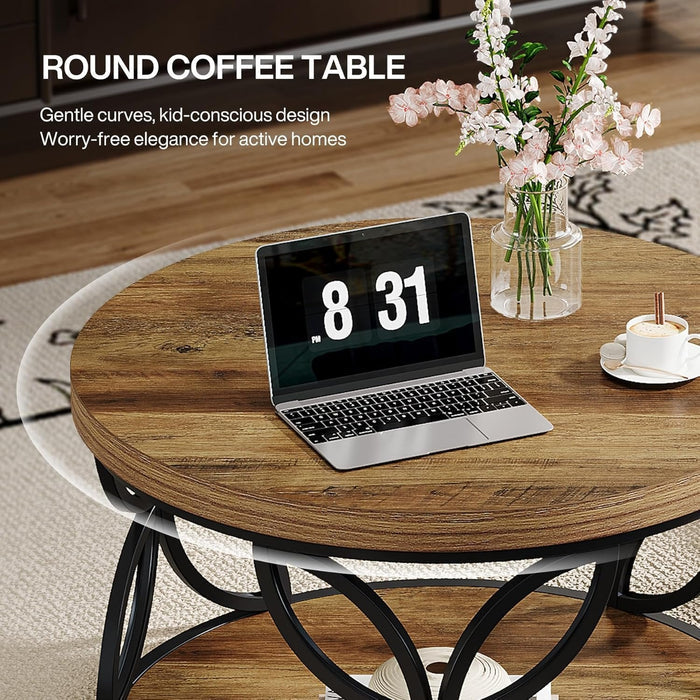 80cm Round Coffee Table, 2-Tier Rustic Storage with Metal Frame