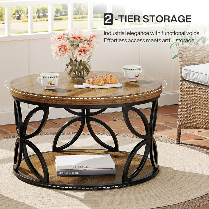 80cm Round Coffee Table, 2-Tier Rustic Storage with Metal Frame