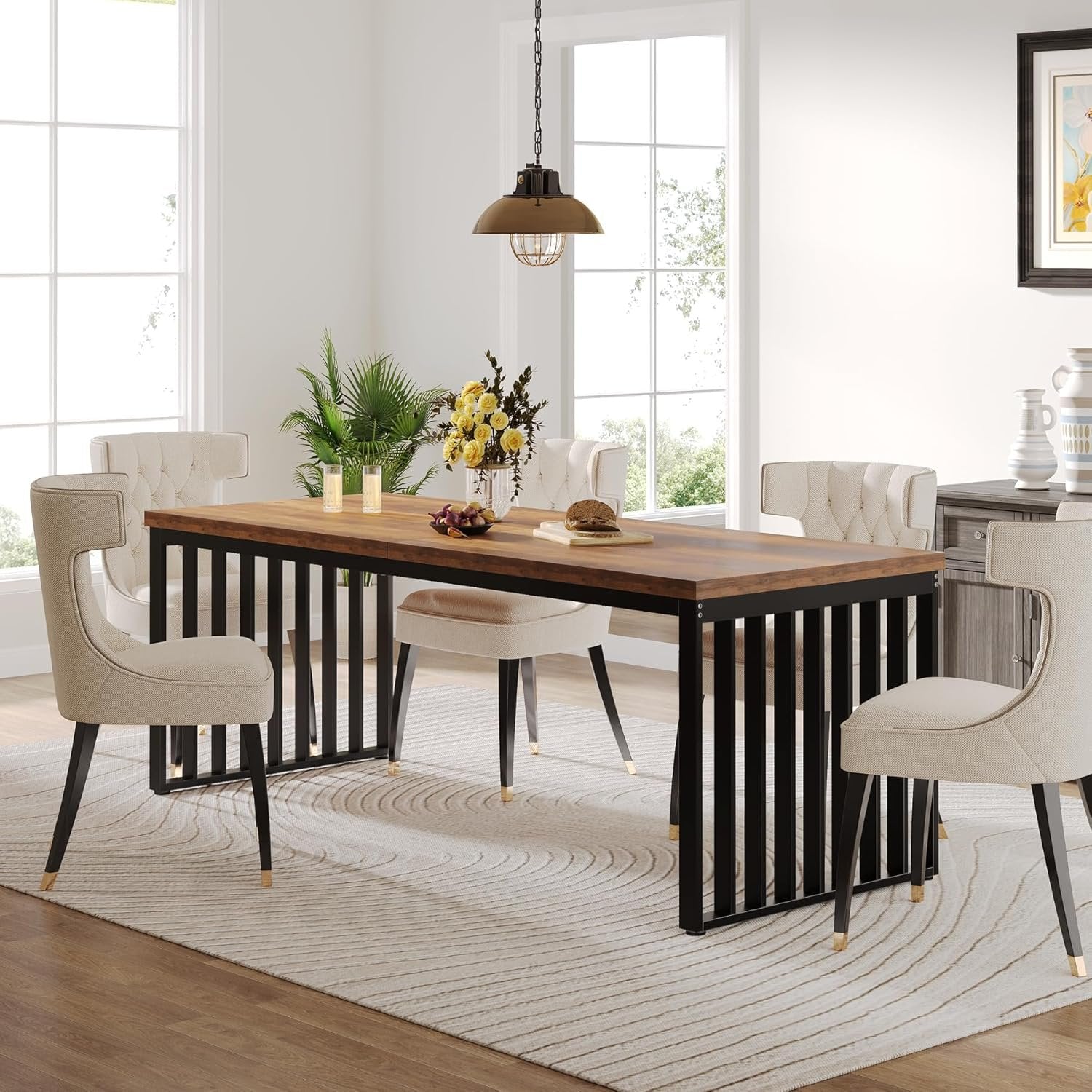 71" Modern Industrial Dining Table for 8, Long Farmhouse Kitchen Table with Metal Frame