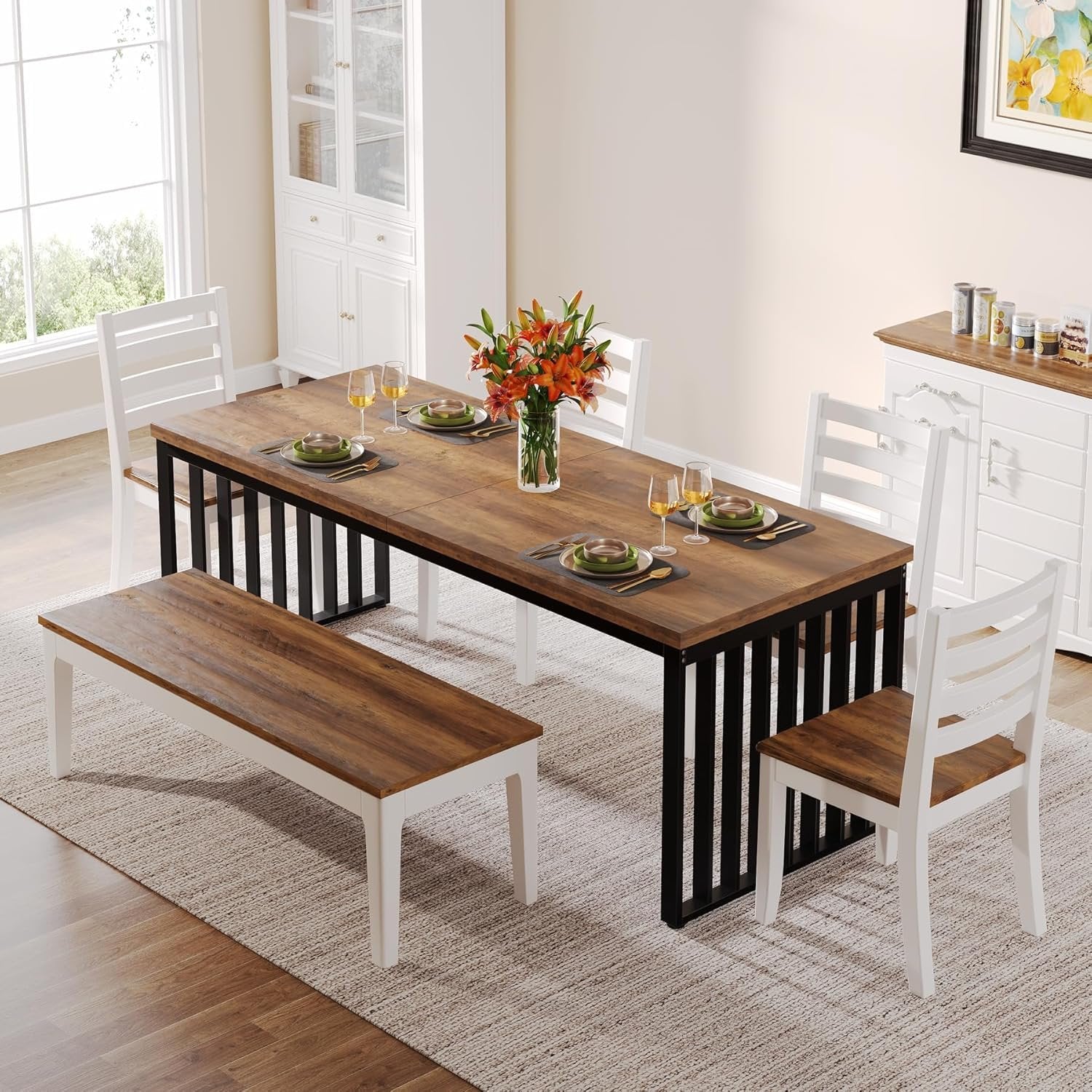 71" Modern Industrial Dining Table for 8, Long Farmhouse Kitchen Table with Metal Frame