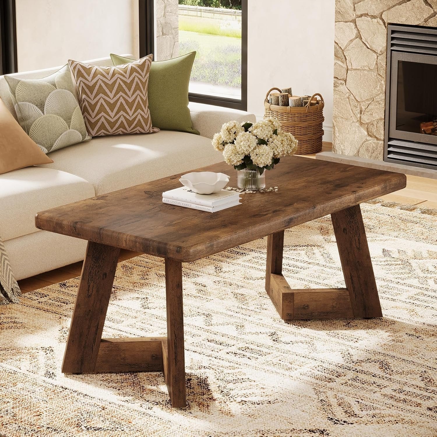 47" Rustic Farmhouse Coffee Table - Brown Wood Center Table with V-Shaped Legs