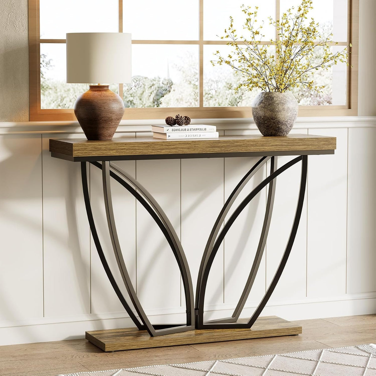 105cm Console Table, Narrow Industrial Rustic Brown Metal Frame for Living Room