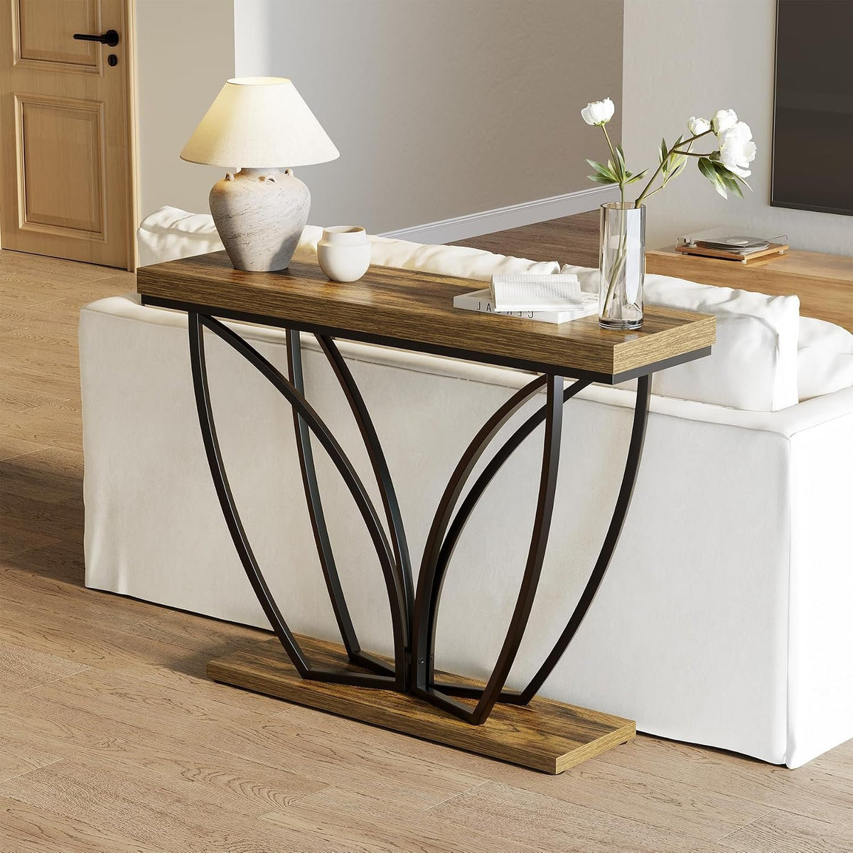 105cm Console Table, Narrow Industrial Rustic Brown Metal Frame for Living Room
