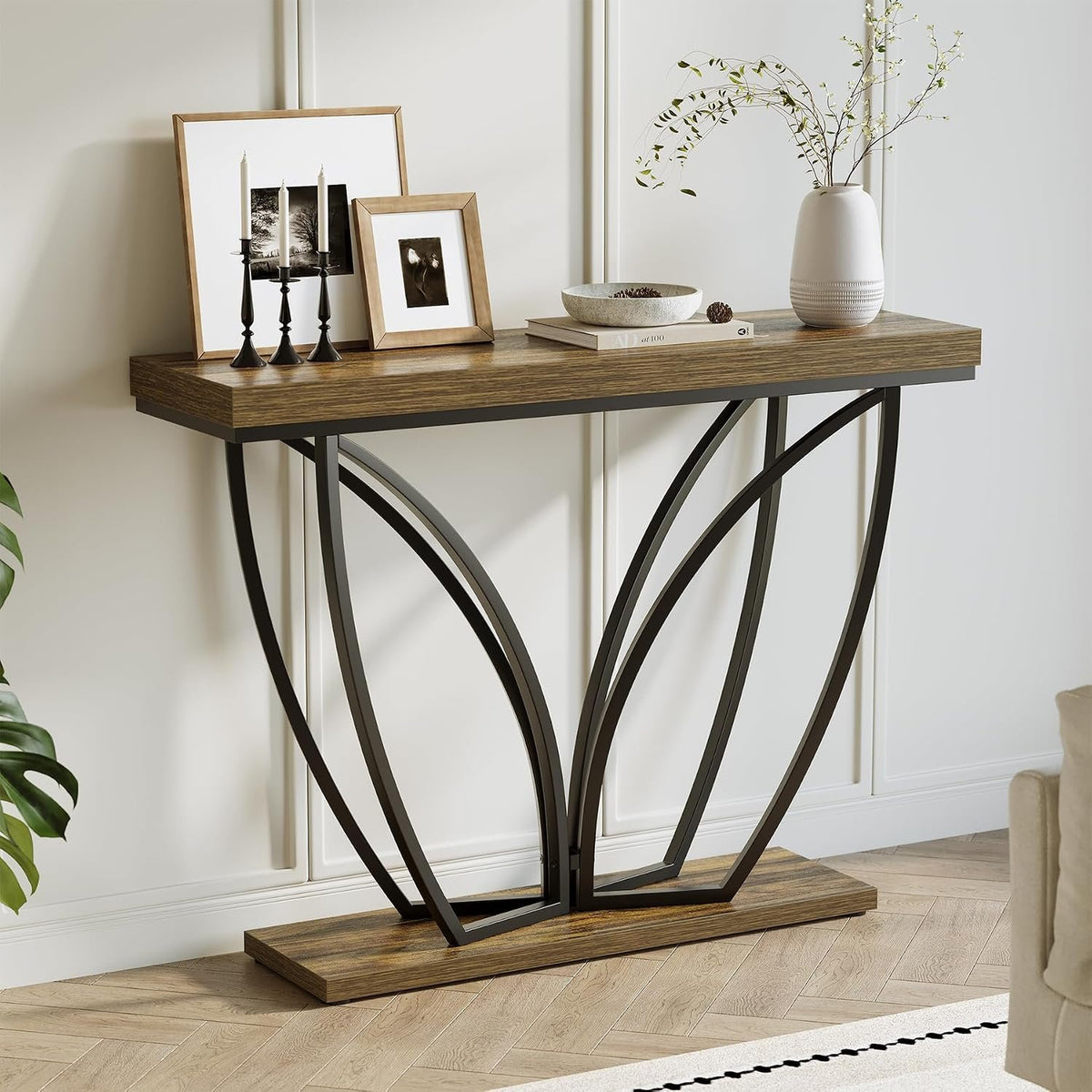 105cm Console Table, Narrow Industrial Rustic Brown Metal Frame for Living Room