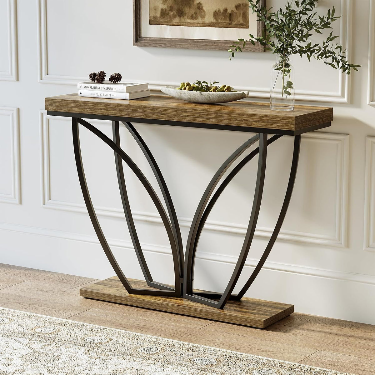 105cm Console Table, Narrow Industrial Rustic Brown Metal Frame for Living Room