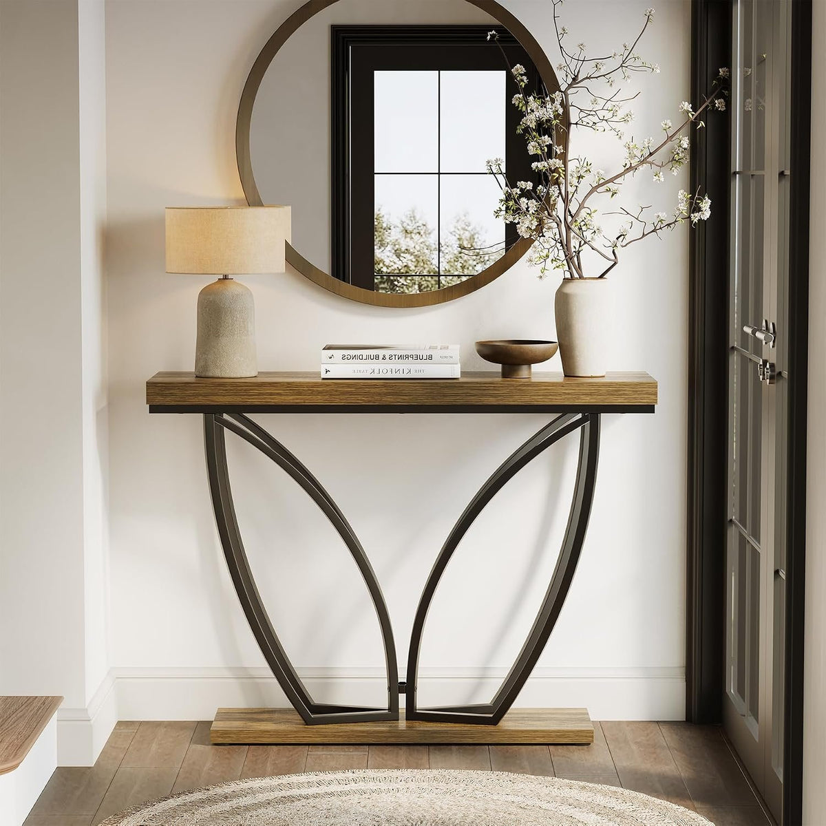 105cm Console Table, Narrow Industrial Rustic Brown Metal Frame for Living Room