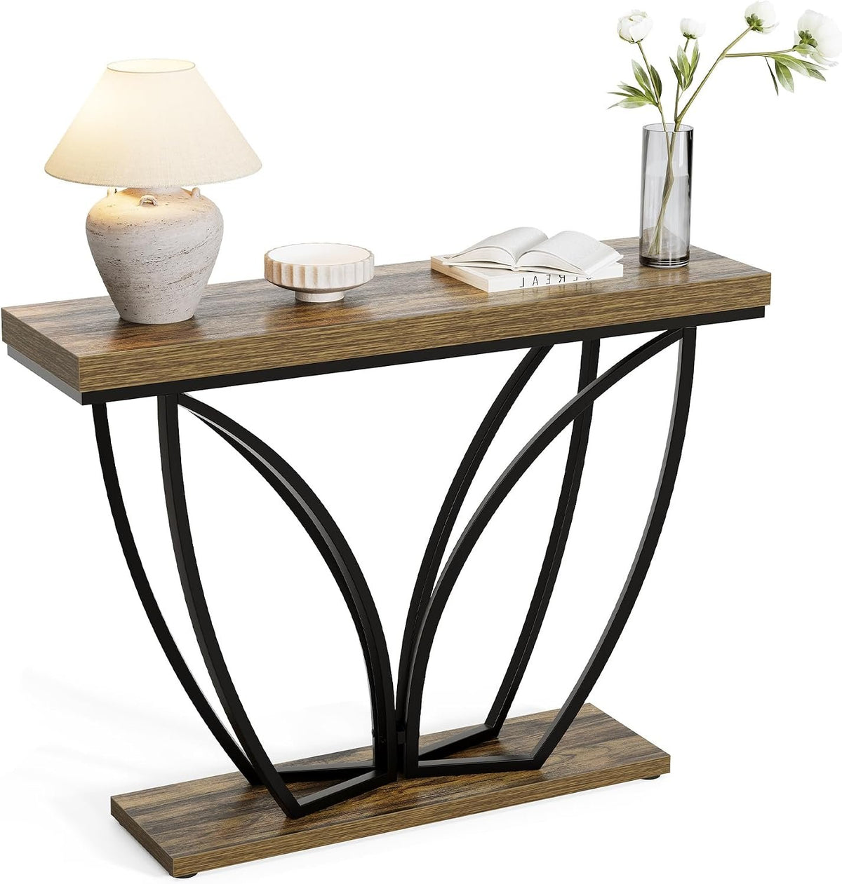 105cm Console Table, Narrow Industrial Rustic Brown Metal Frame for Living Room