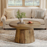 31.5" Round Fluted Coffee Table, Minimalist Wood Grain Center Piece for Small Spaces 3