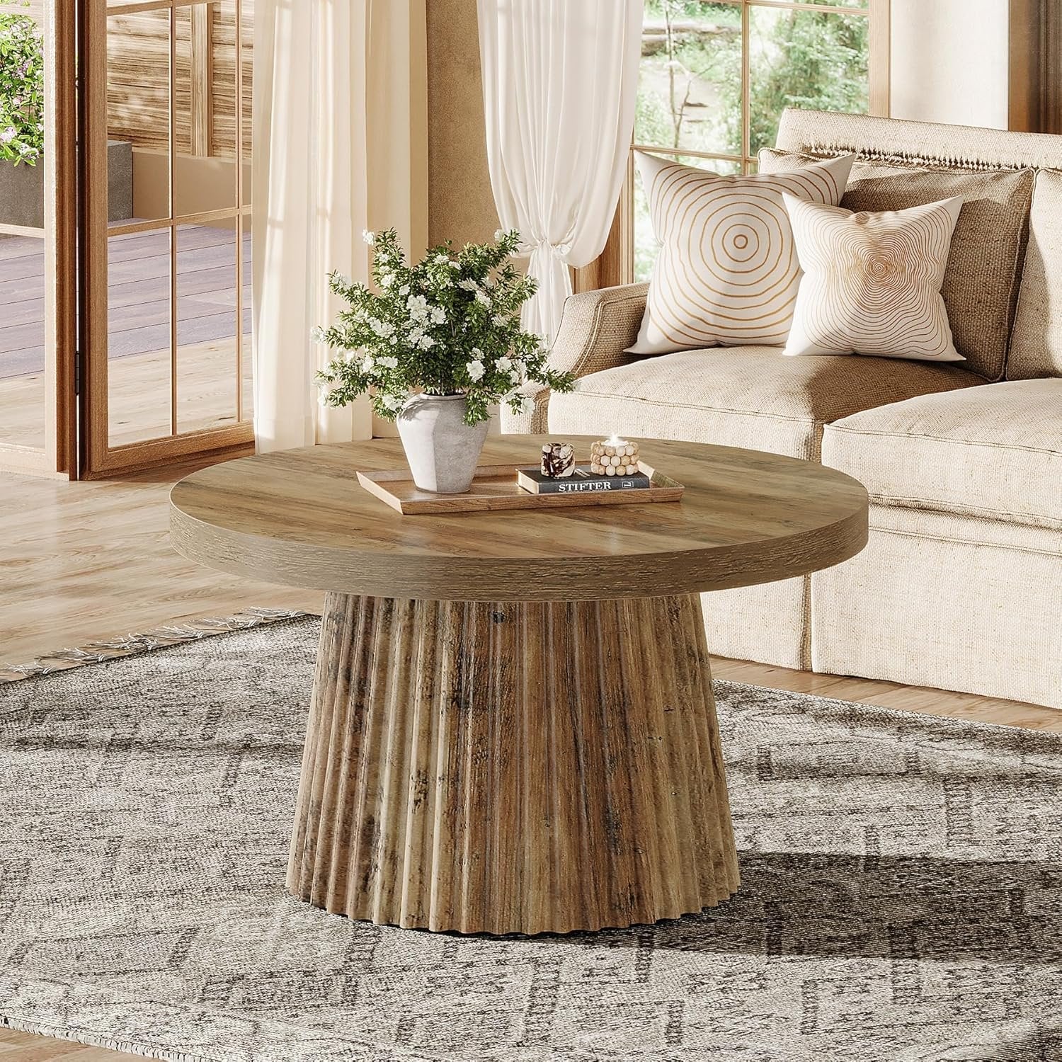 31.5" Round Fluted Coffee Table, Minimalist Wood Grain Center Piece for Small Spaces