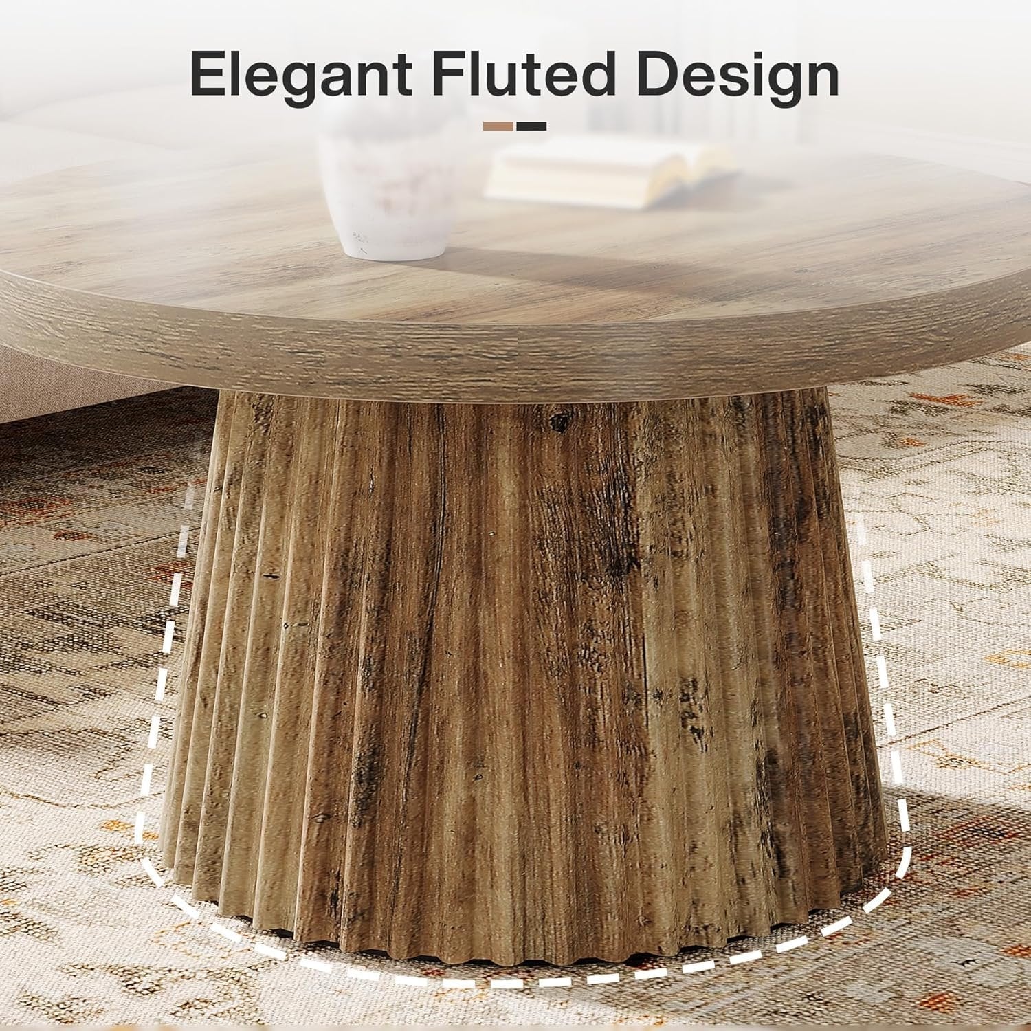 31.5" Round Fluted Coffee Table, Minimalist Wood Grain Center Piece for Small Spaces