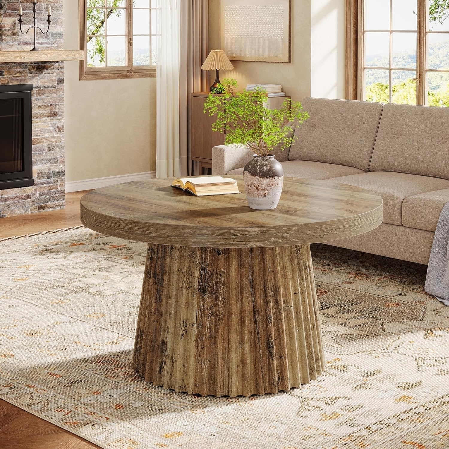 31.5" Round Fluted Coffee Table, Minimalist Wood Grain Center Piece for Small Spaces