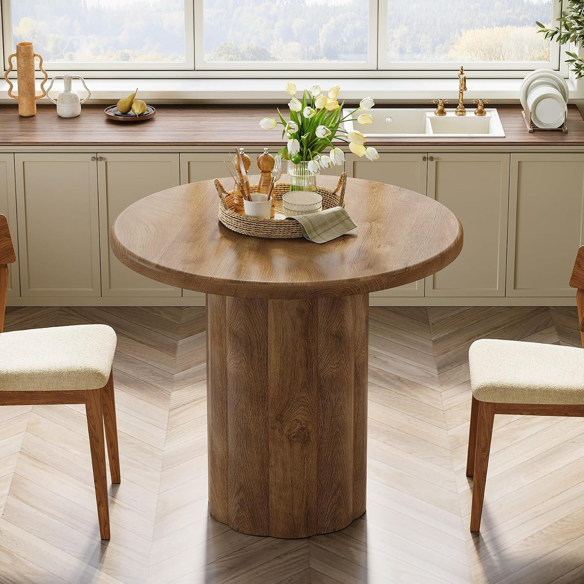 80cm Round Dining Table, Rustic Brown Sturdy Base for Small Spaces