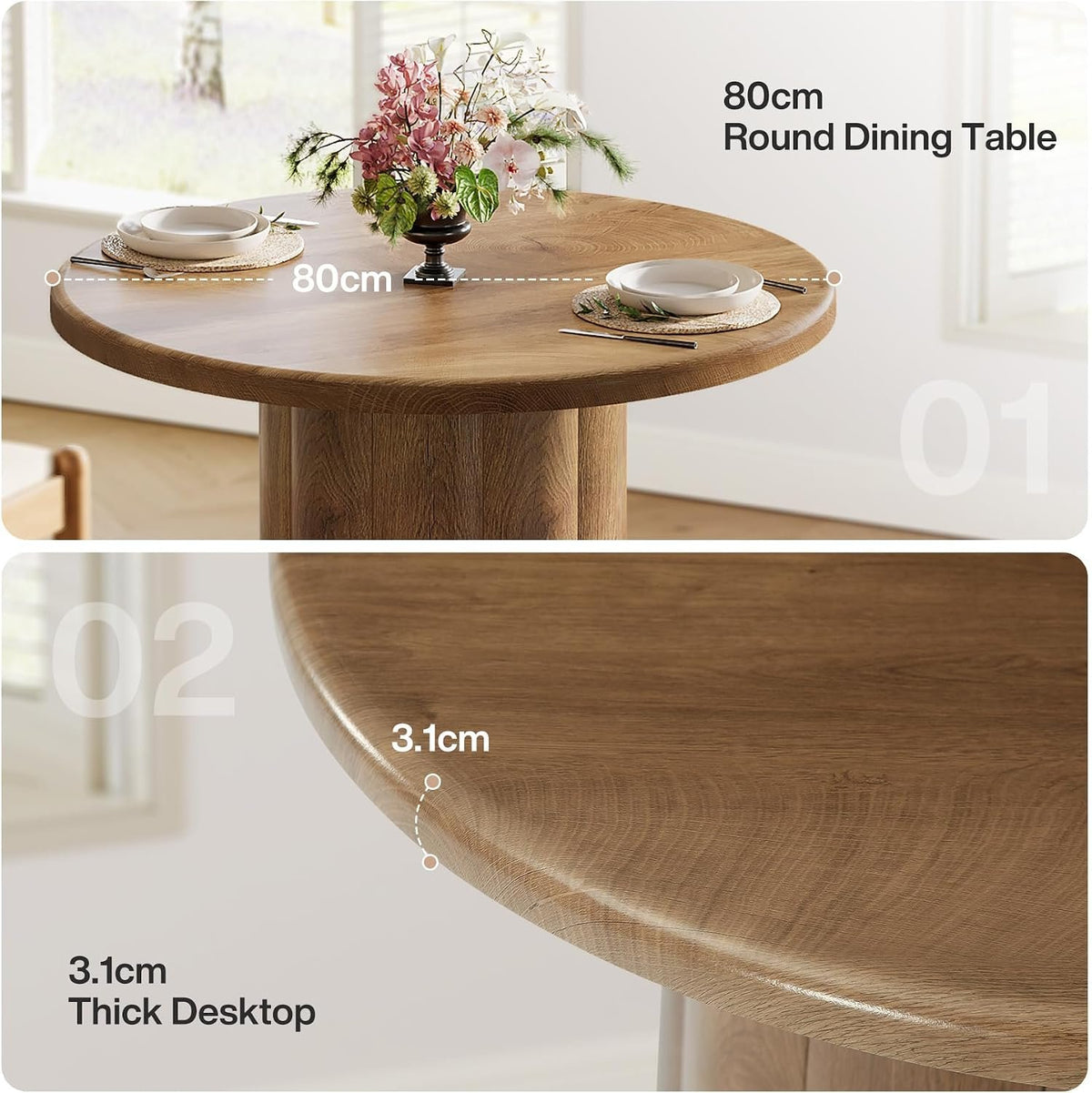 80cm Round Dining Table, Rustic Brown Sturdy Base for Small Spaces