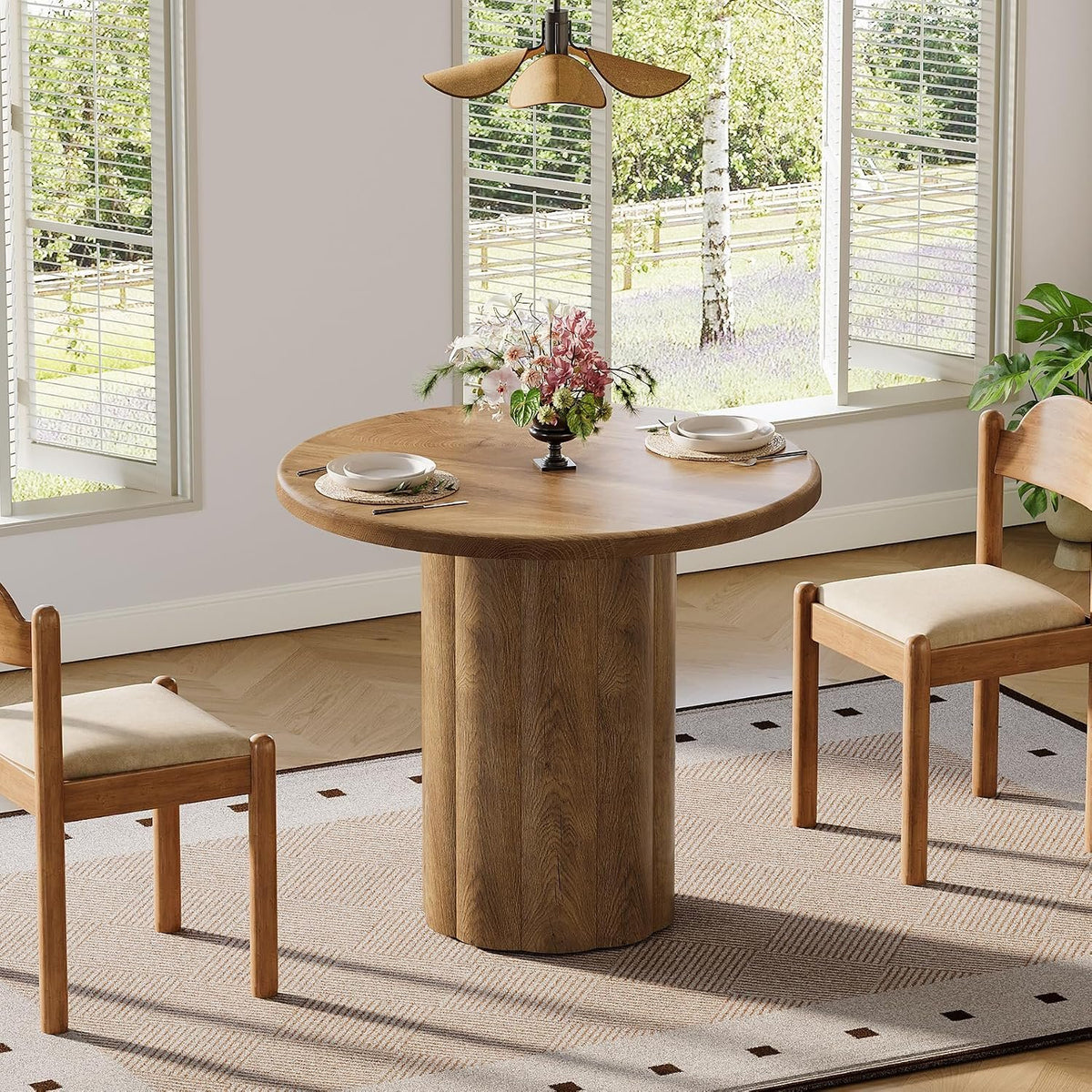 80cm Round Dining Table, Rustic Brown Sturdy Base for Small Spaces
