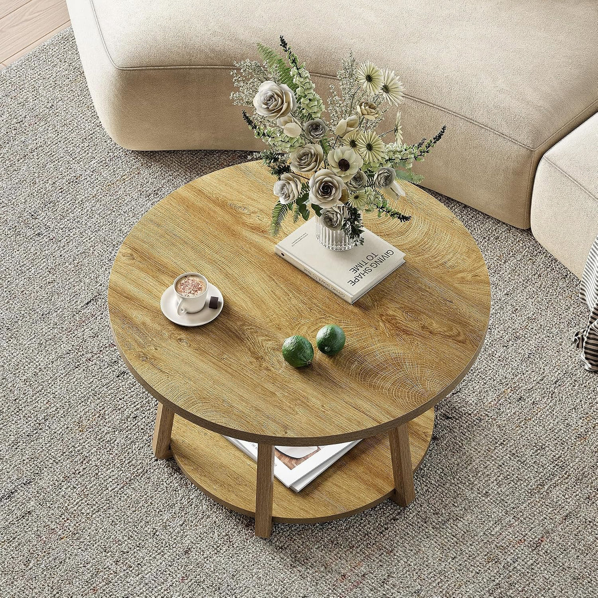 80cm Round Coffee Table, 2-Tier Wooden Storage Table for Living Room