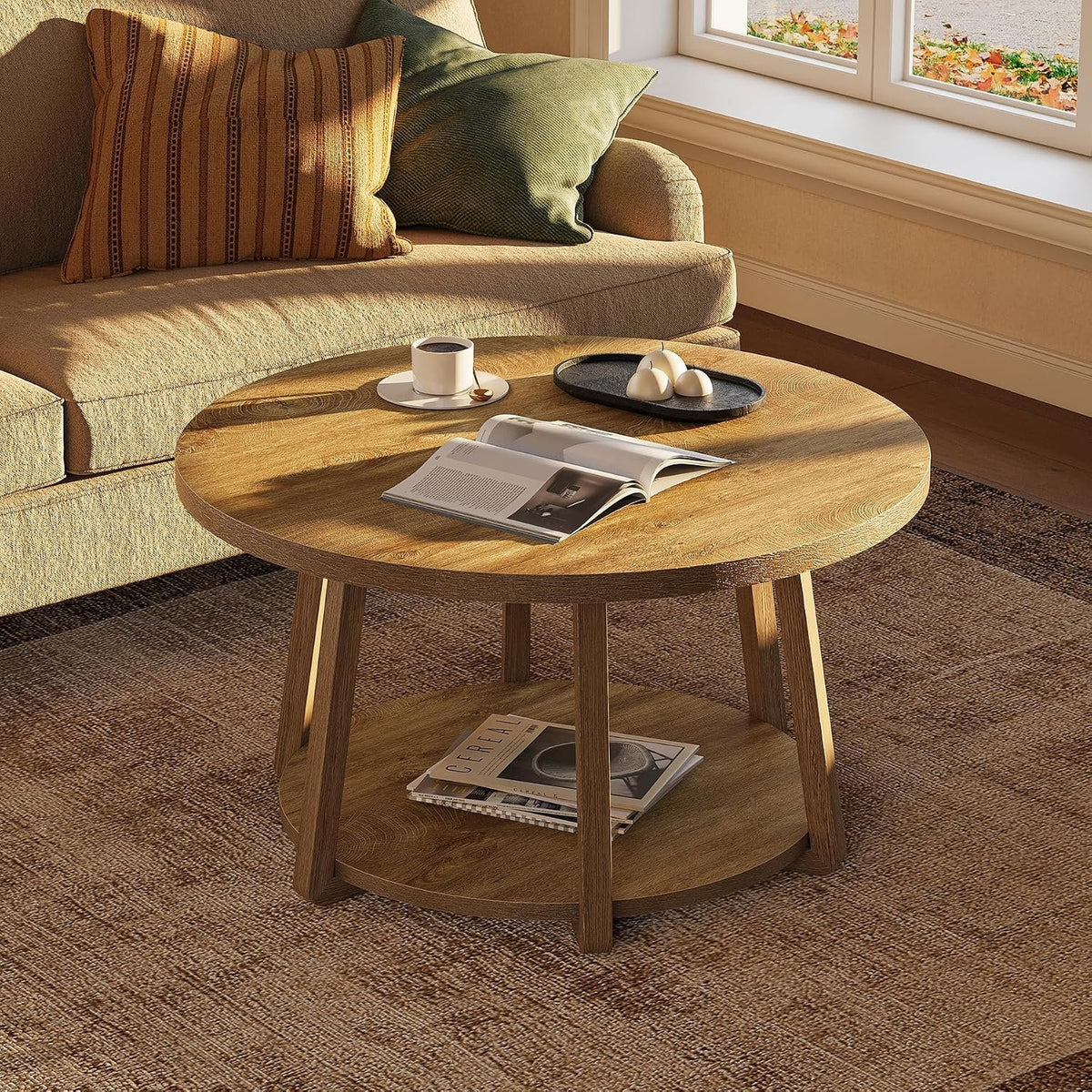 80cm Round Coffee Table, 2-Tier Wooden Storage Table for Living Room