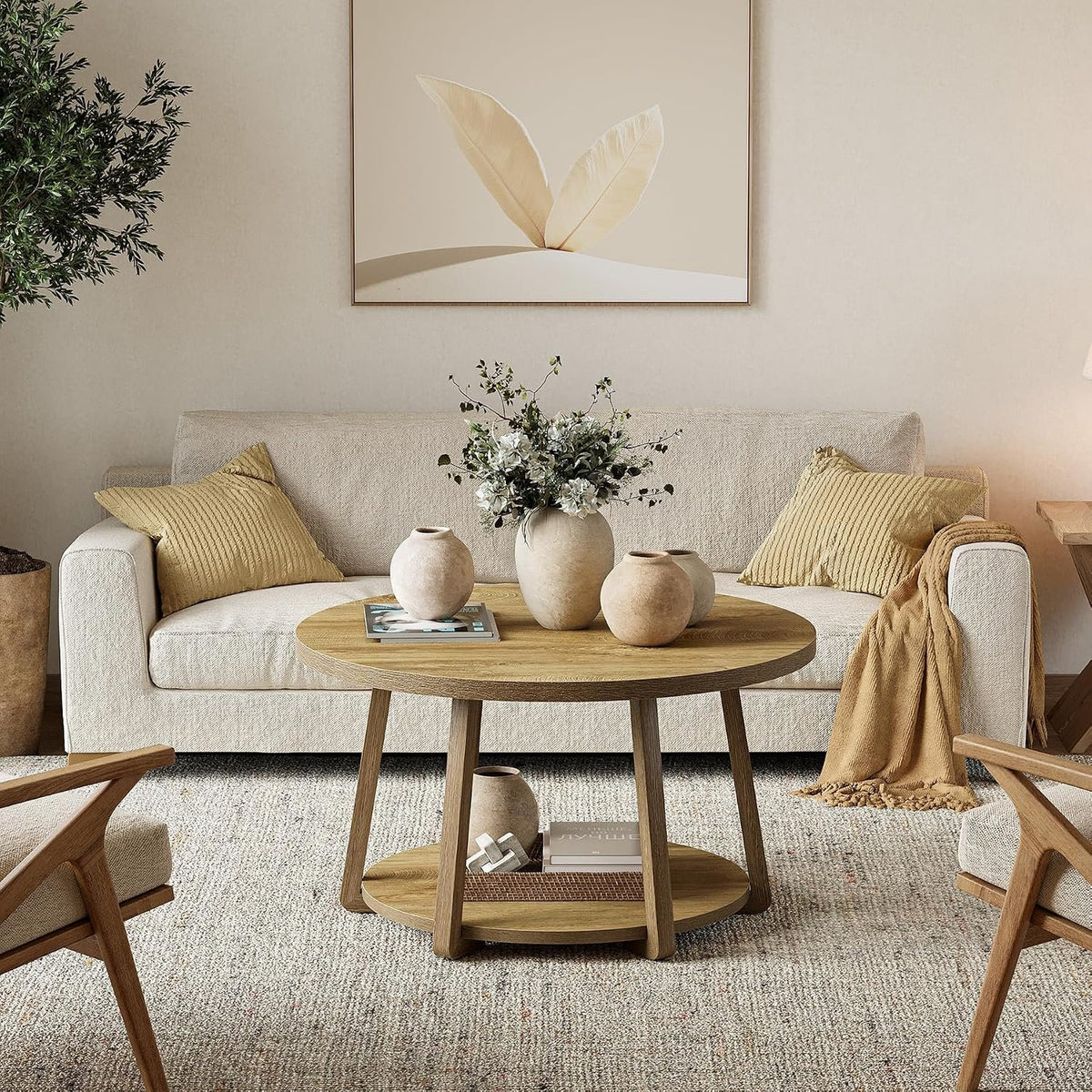 80cm Round Coffee Table, 2-Tier Wooden Storage Table for Living Room