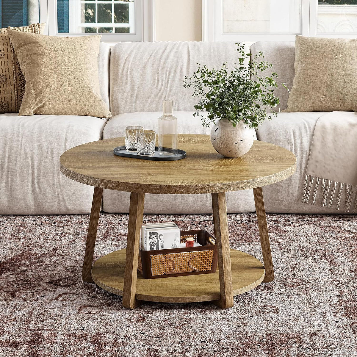 80cm Round Coffee Table, 2-Tier Wooden Storage Table for Living Room