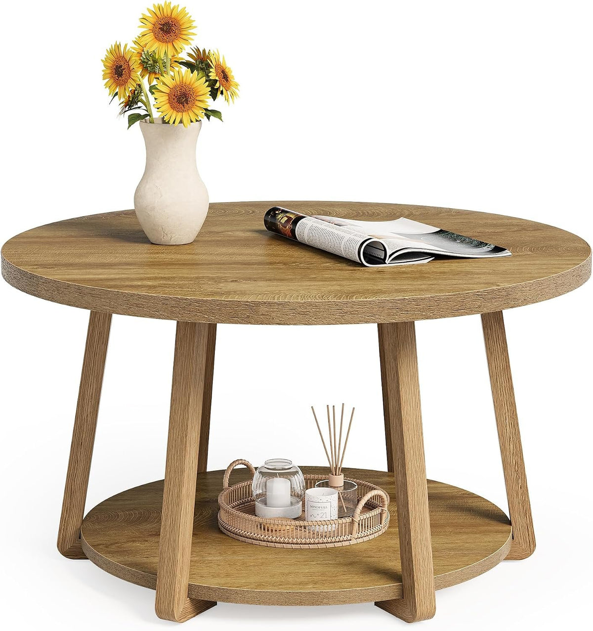 80cm Round Coffee Table, 2-Tier Wooden Storage Table for Living Room