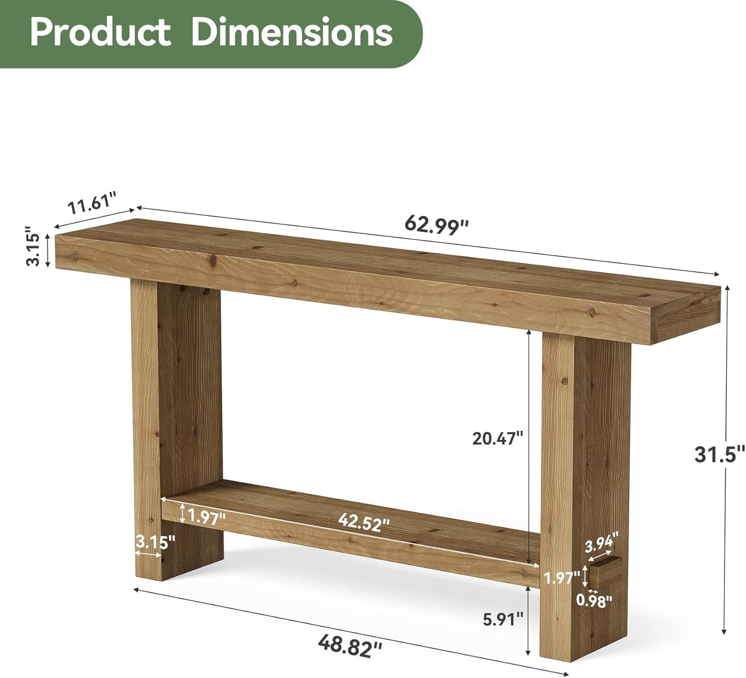 63" Solid Wood Console Table, 2-Tier Narrow Entryway Table for Hallway