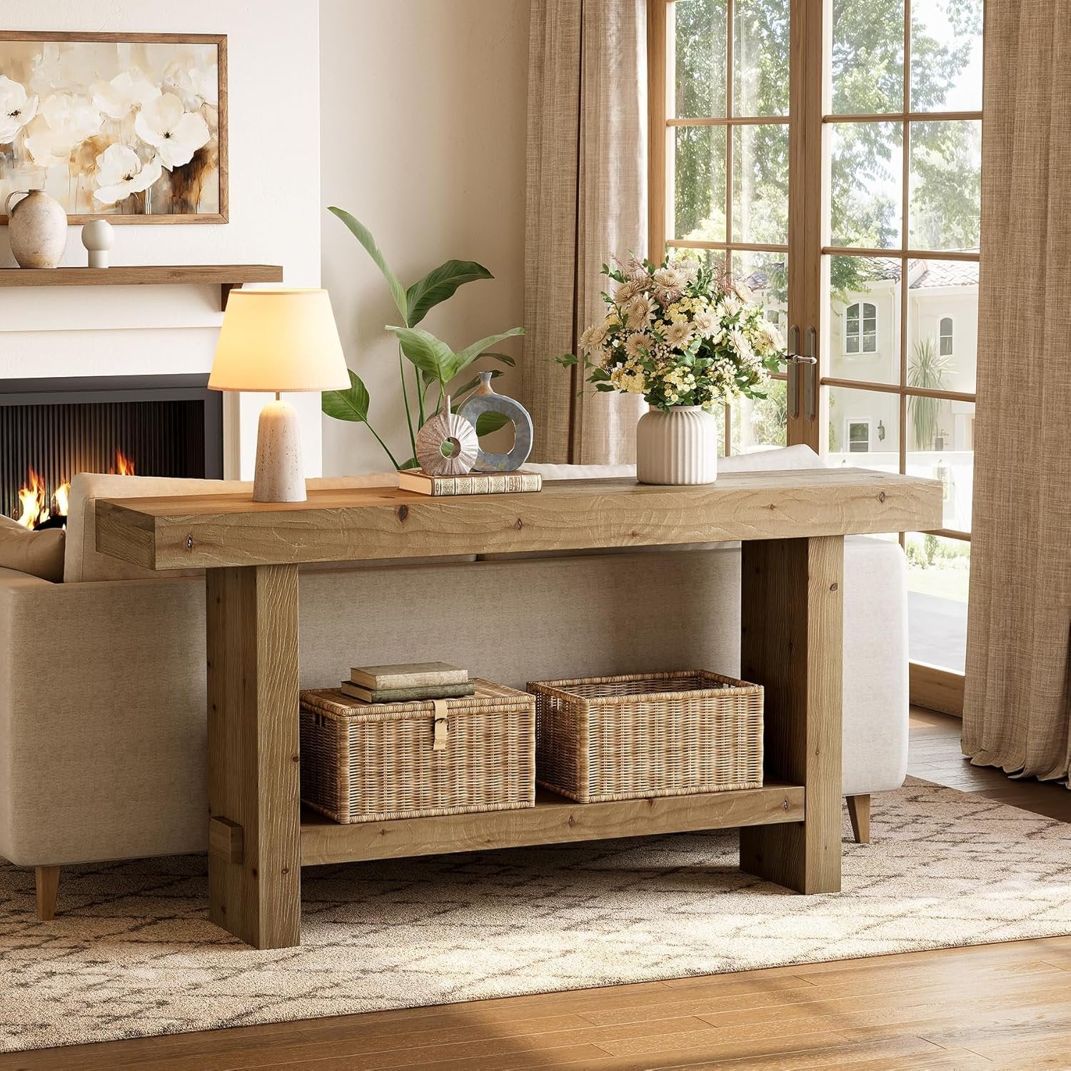 63" Solid Wood Console Table, 2-Tier Narrow Entryway Table for Hallway
