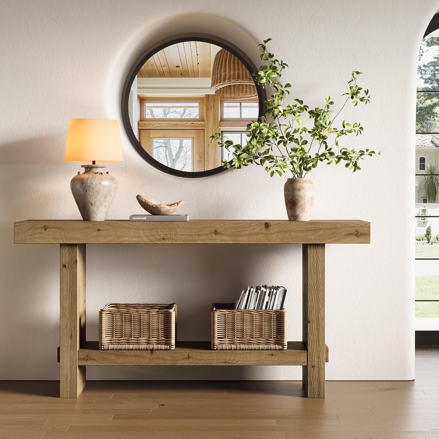 63" Solid Wood Console Table, 2-Tier Narrow Entryway Table for Hallway