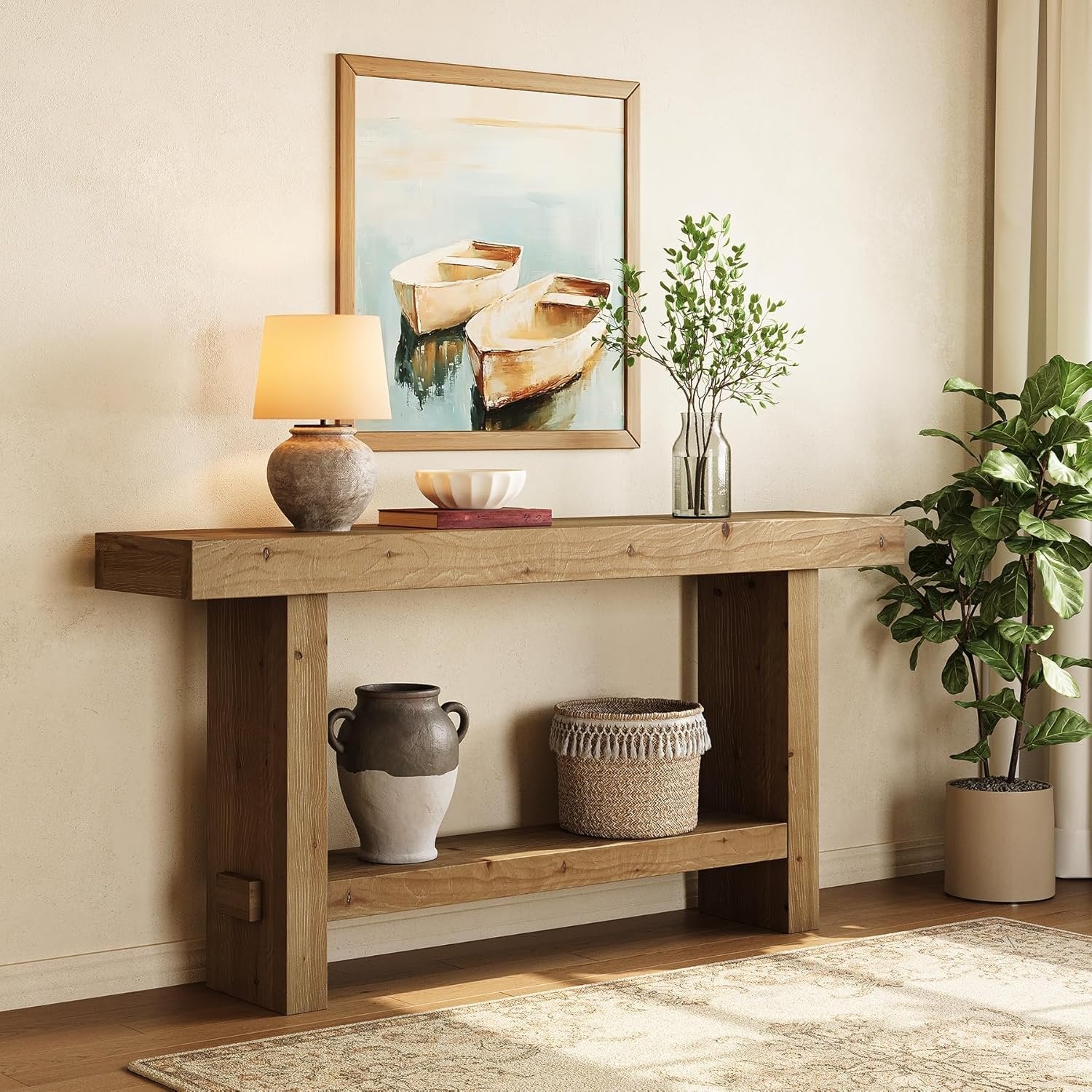63" Solid Wood Console Table, 2-Tier Narrow Entryway Table for Hallway