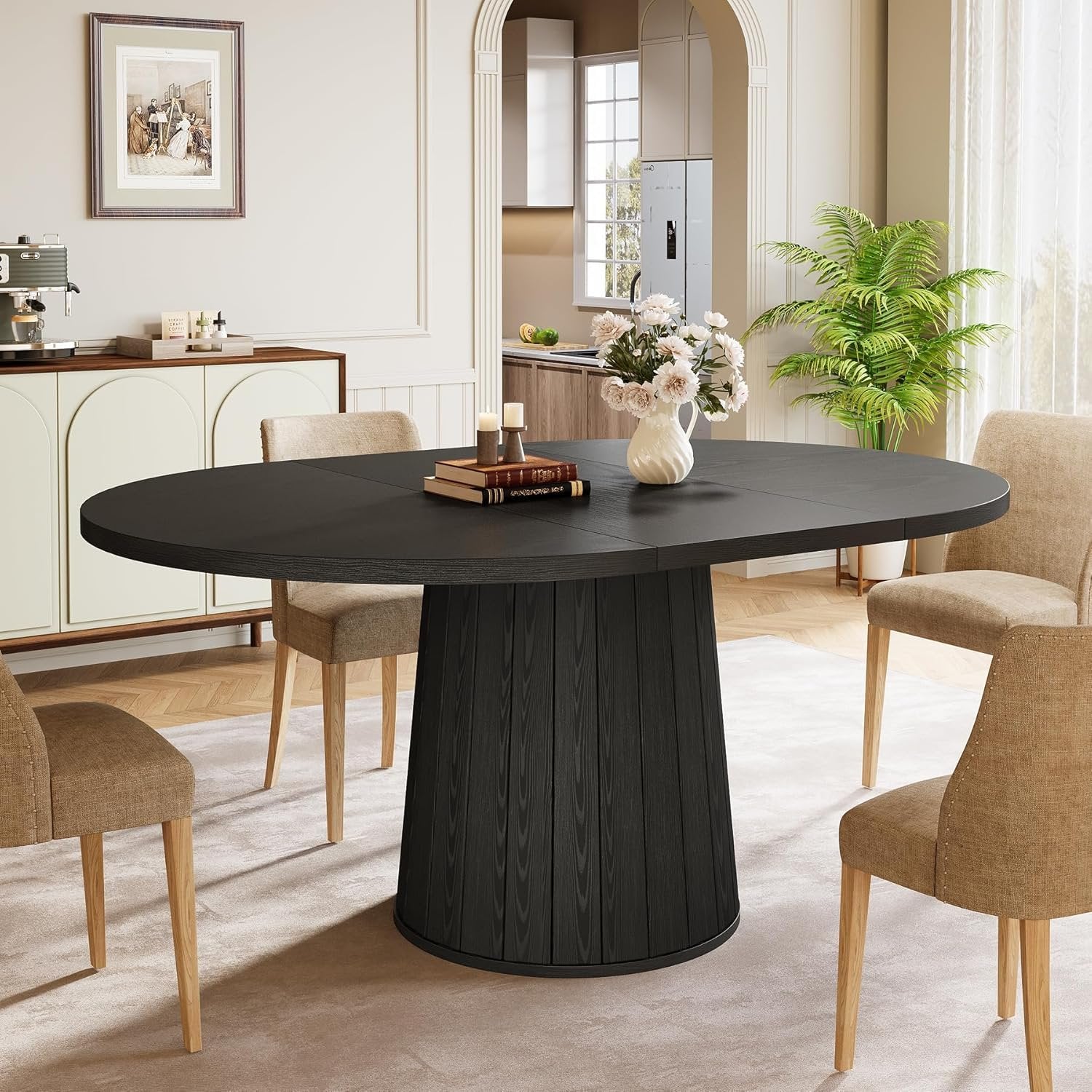 55.11" Oval Dining Table for 6 People, Farmhouse Kitchen Dinner Table with Cylindrical Pedestal