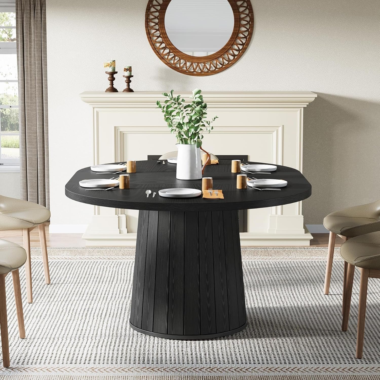 55.11" Oval Dining Table for 6 People, Farmhouse Kitchen Dinner Table with Cylindrical Pedestal