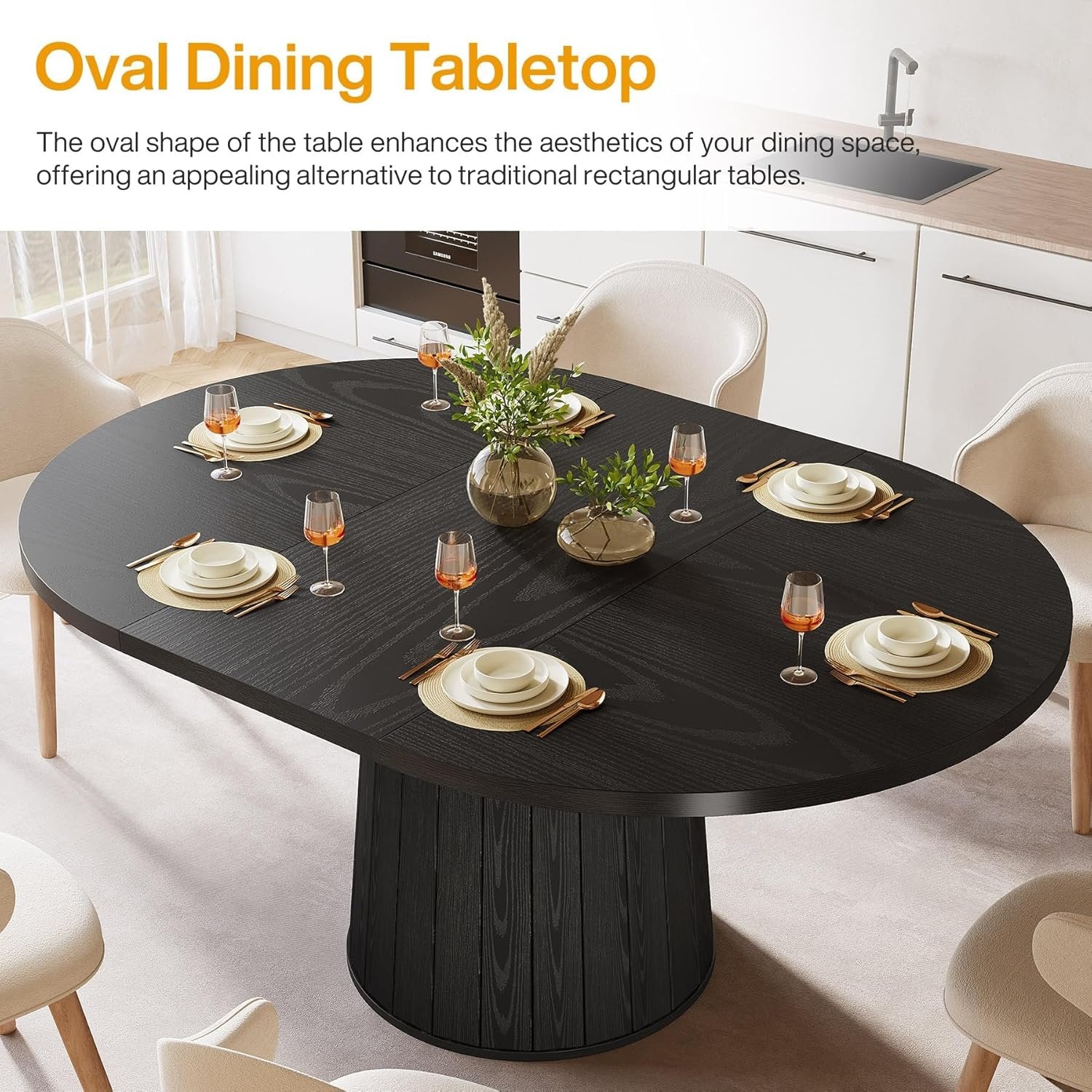 55.11" Oval Dining Table for 6 People, Farmhouse Kitchen Dinner Table with Cylindrical Pedestal