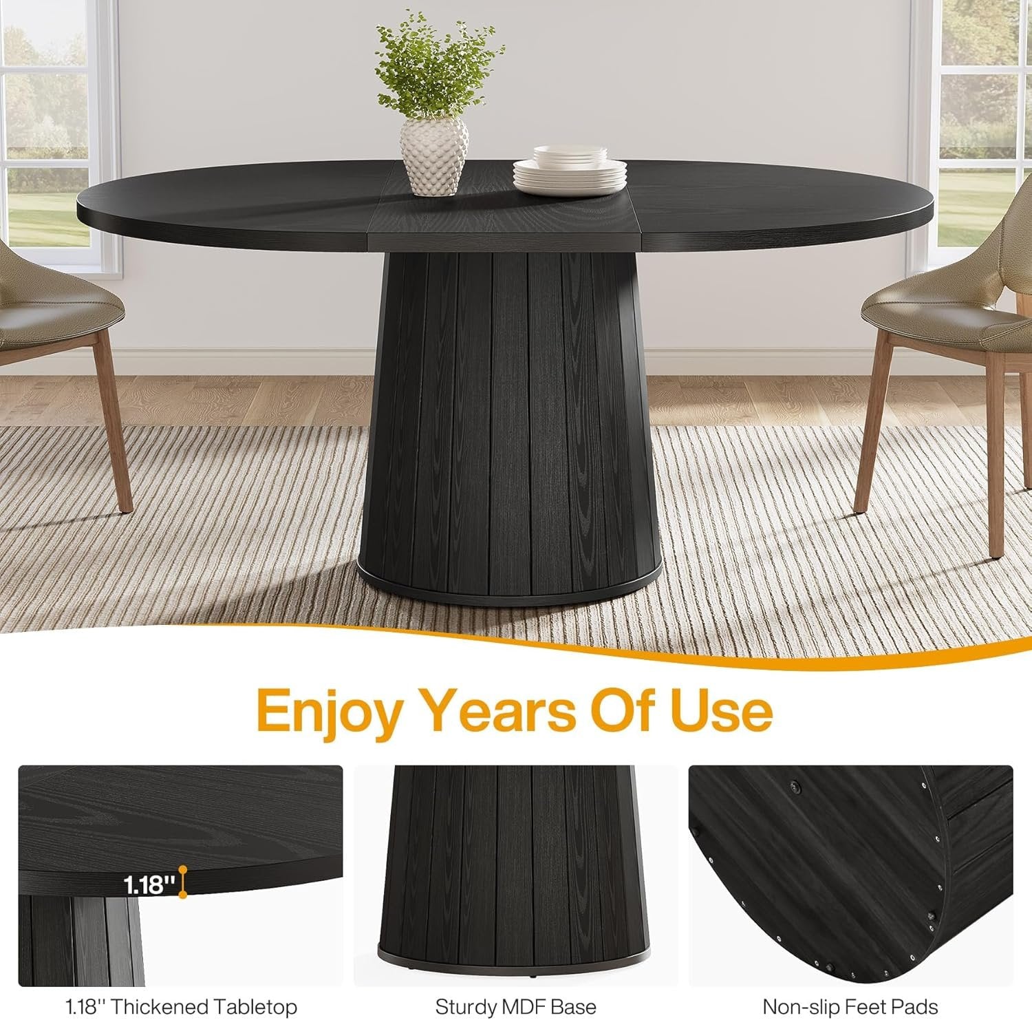 55.11" Oval Dining Table for 6 People, Farmhouse Kitchen Dinner Table with Cylindrical Pedestal